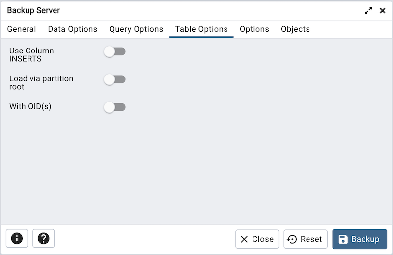 Backup dialog tables section