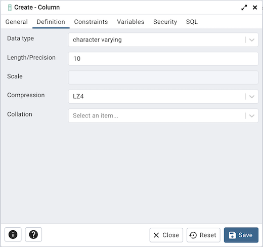 Column dialog definition tab