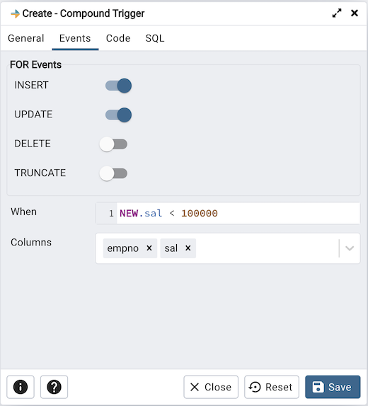 Compound Trigger dialog events tab