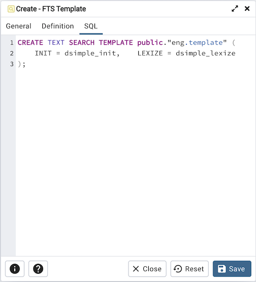 FTS template dialog sql tab