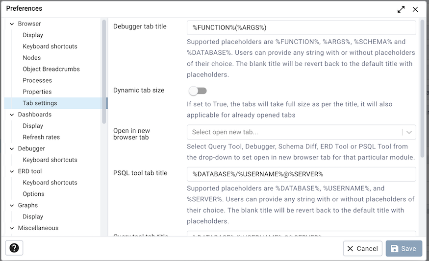 Preferences dialog browser properties section