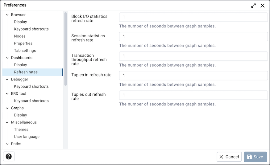 Preferences dialog dashboard refresh options