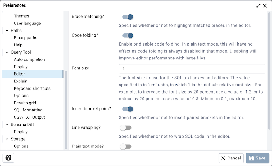 Preferences dialog sqleditor editor settings