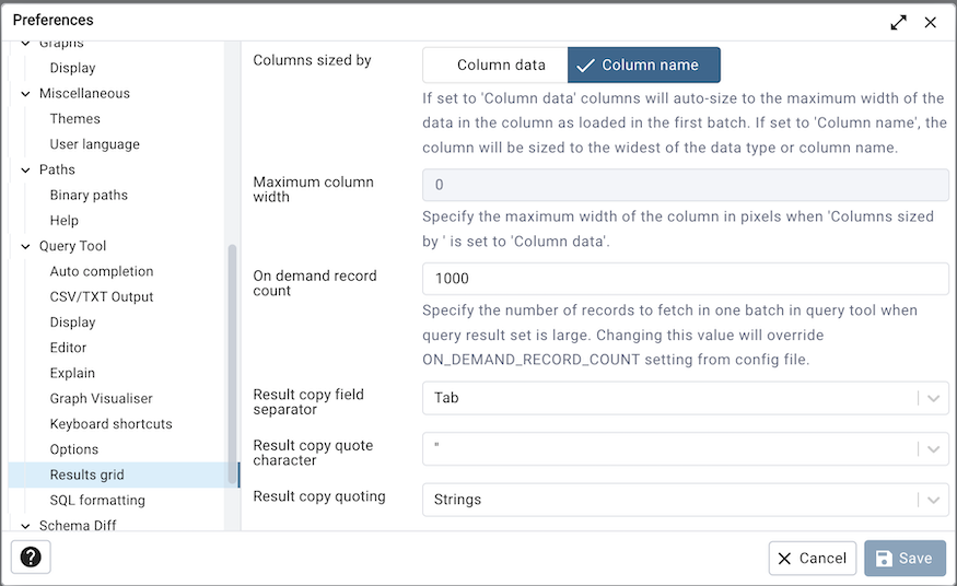 Preferences dialog sql results grid section