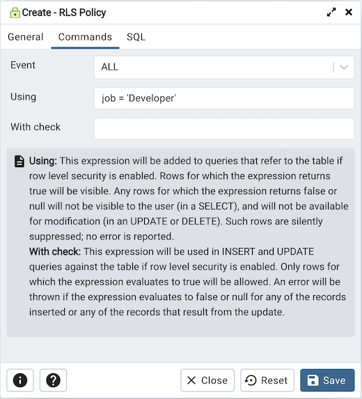 RLS Policy Commands Tab