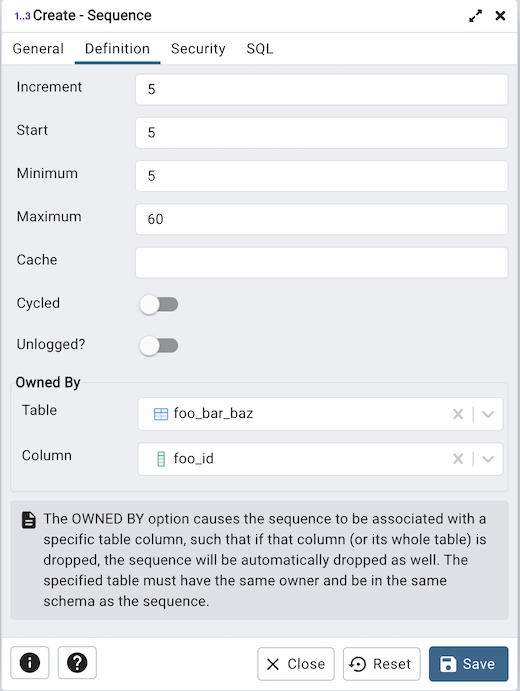 Sequence dialog definition tab