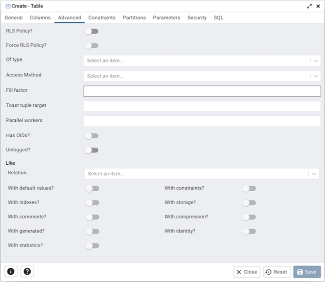 Table dialog advanced tab