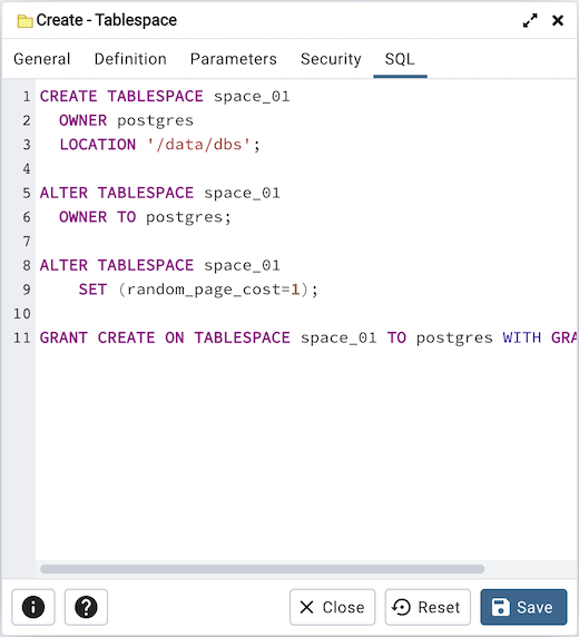 Tablespace dialog sql tab